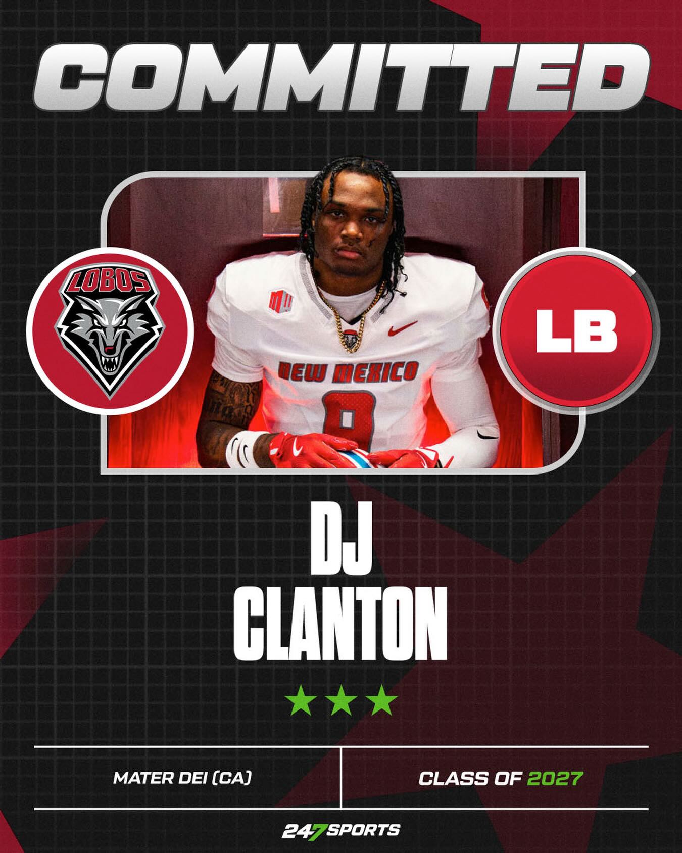 Commitment graphic for linebacker DJ Clanton to New Mexico
